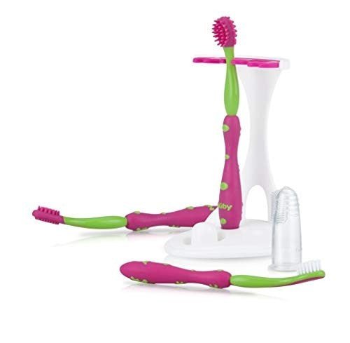 Nuby Oral Care Set (Pink) with stand and various brushes.