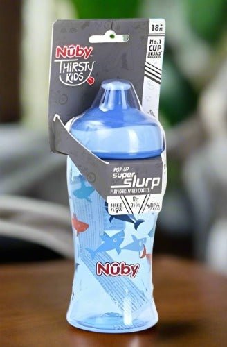 Nuby Pop-up Super Slurp 360ml (Blue Shark) - Side View