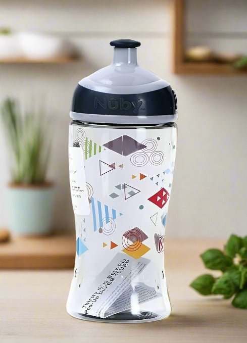 Nuby Pop-up Super Slurp 360ml (Grey Shapes) Water Bottle- Full View