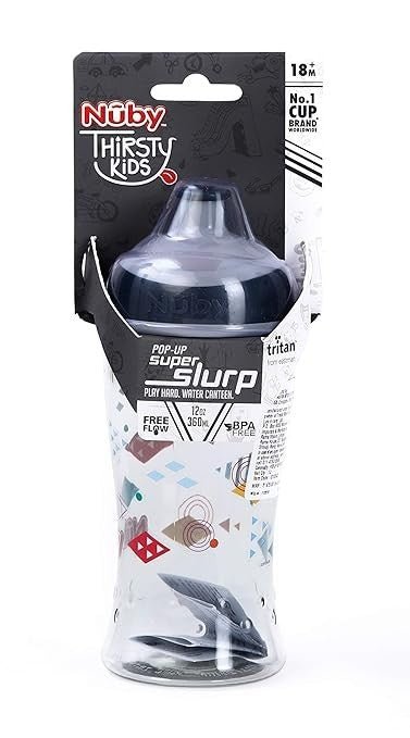 Nuby Pop-up Super Slurp 360ml (Grey Shapes) Water Bottle- FrontView