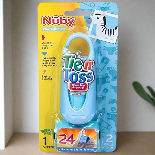 Nuby Tie n Toss Diaper Bag Dispenser with 24 Disposable Bags in packaging (front view).