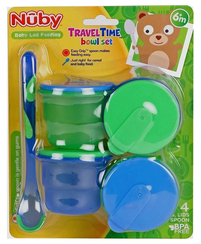 Front View Image: "Nuby Travel Time Bowl Set (Green & Blue) - Front View Packaging