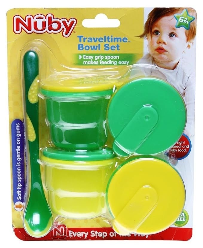 Nuby Travel Time Bowl Set (Green & Yellow) - Front View Packaging