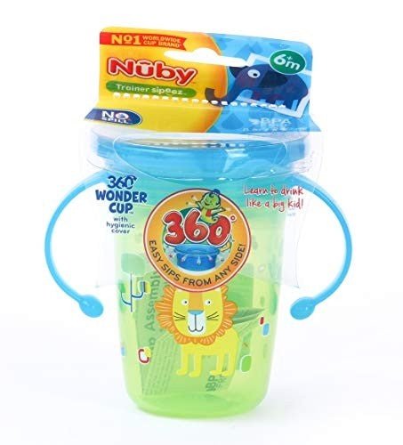 Nuby 360° Wonder Cup Printed with Handle, 240ml (Green) - Front View