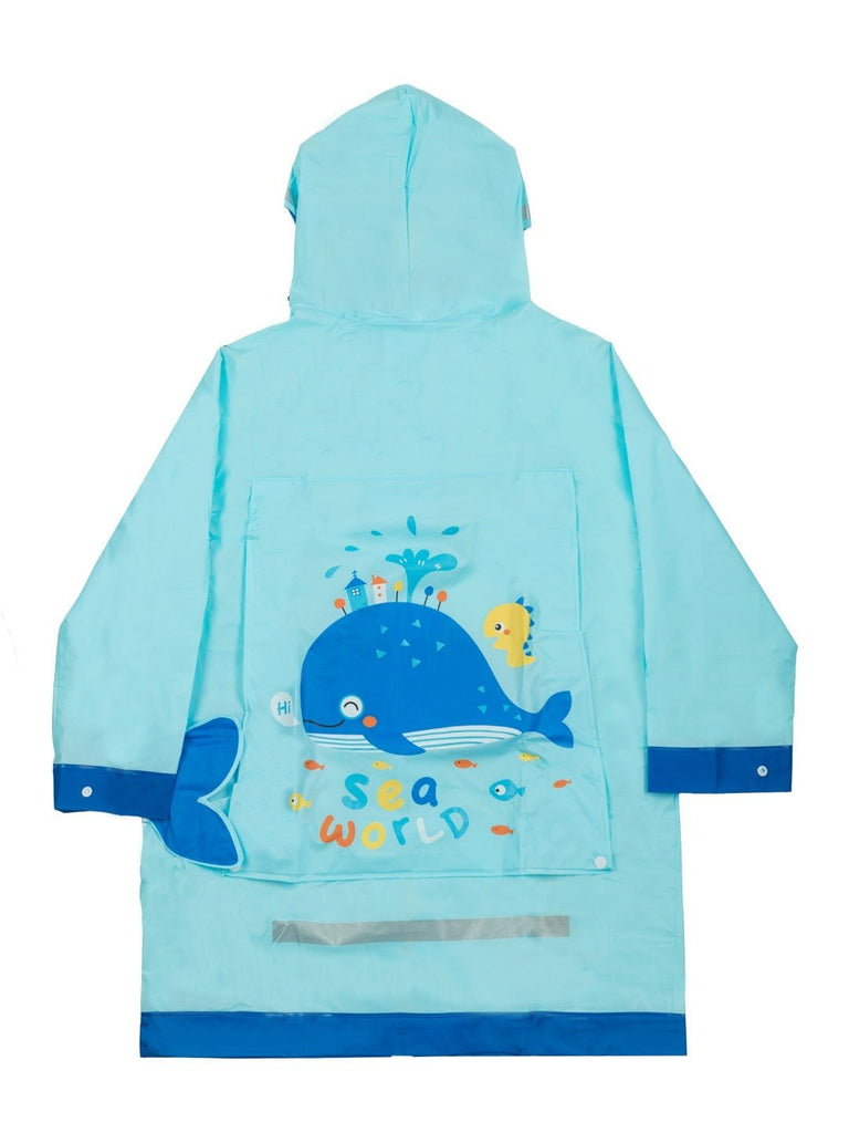  Back view of Yellow Bee Ocean Explorer Light Blue Raincoat showcasing reflective strip.