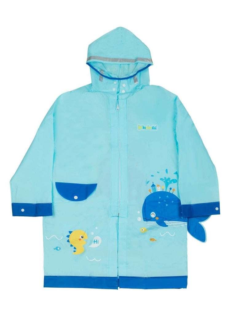 Front view of Yellow Bee Ocean Explorer Kids' Light Blue Raincoat with ocean design.