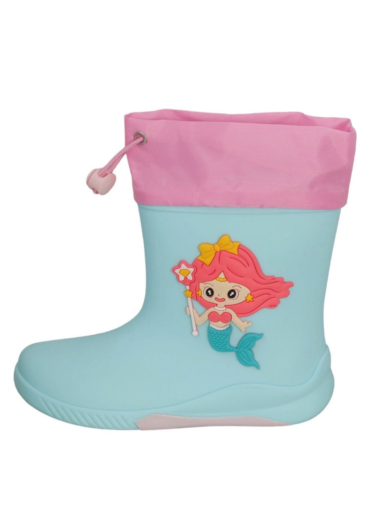 Side view of Ocean Princess Blue Mermaid Rain Boots for Girls