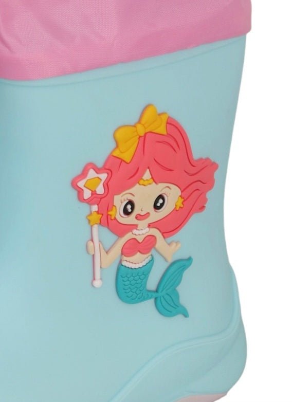 Close-up view of Ocean Princess Blue Mermaid Rain Boots for Girls