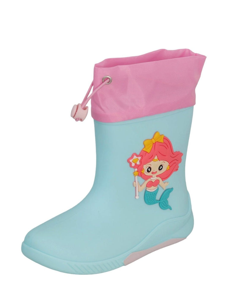 Angle view of Ocean Princess Blue Mermaid Rain Boots for Girls