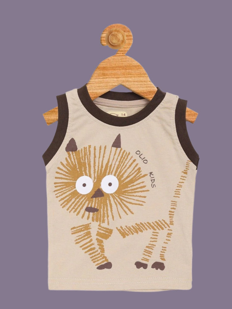 Front view of Baby Boys' Beige Lion Tank Top featuring a lion print