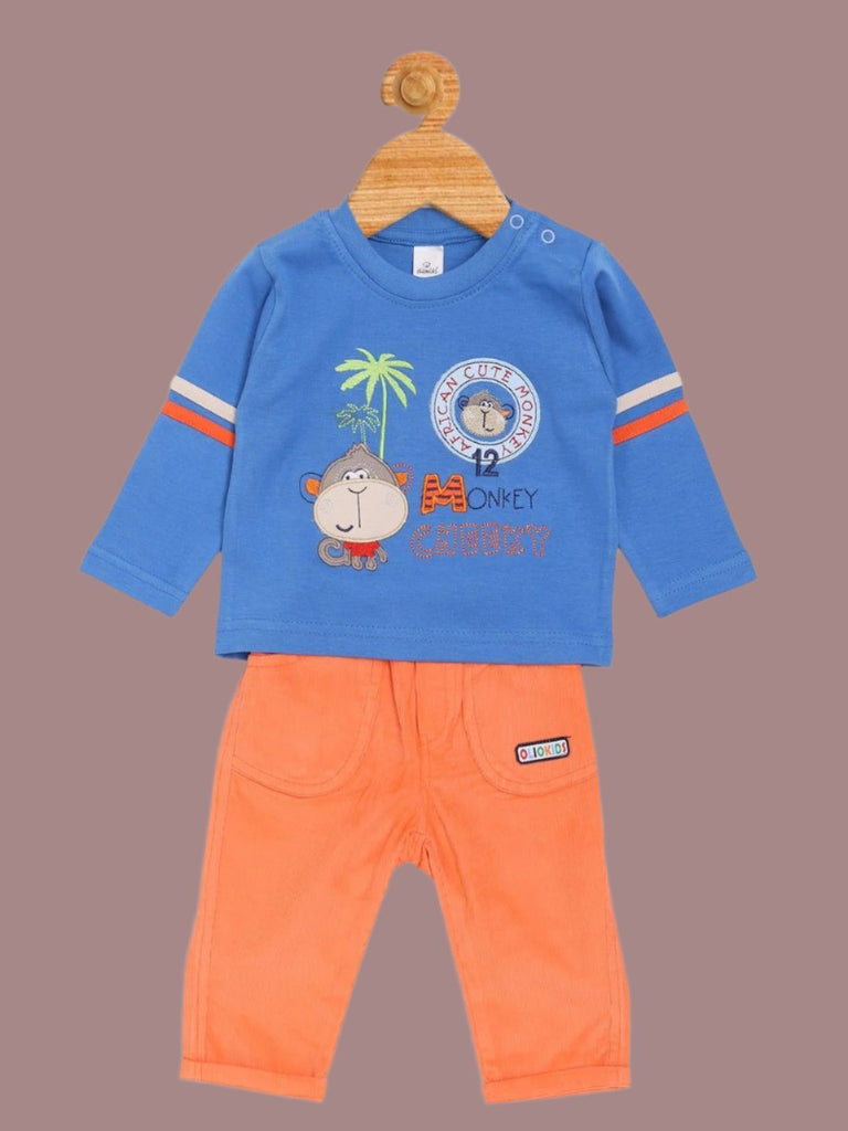 Full view of Olio Kids Baby Boys' Blue Cheeky Monkey T-Shirt and Orange Pants Set.