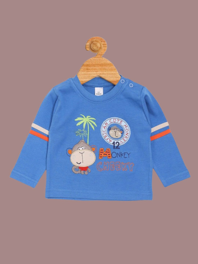 Front view of Olio Kids Baby Boys' Blue Cheeky Monkey T-Shirt with playful monkey design.