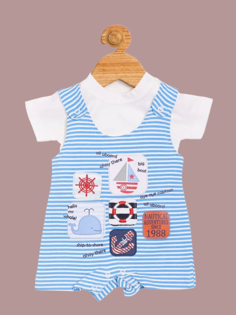 Full set view of Olio Kids Baby Boys' Blue Nautical Dungaree and white t-shirt.