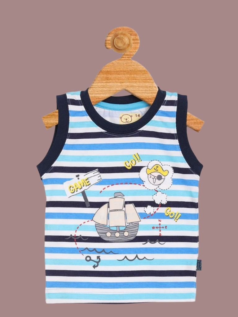 Front view of Baby Boys' Blue Striped Sailboat Tank Top