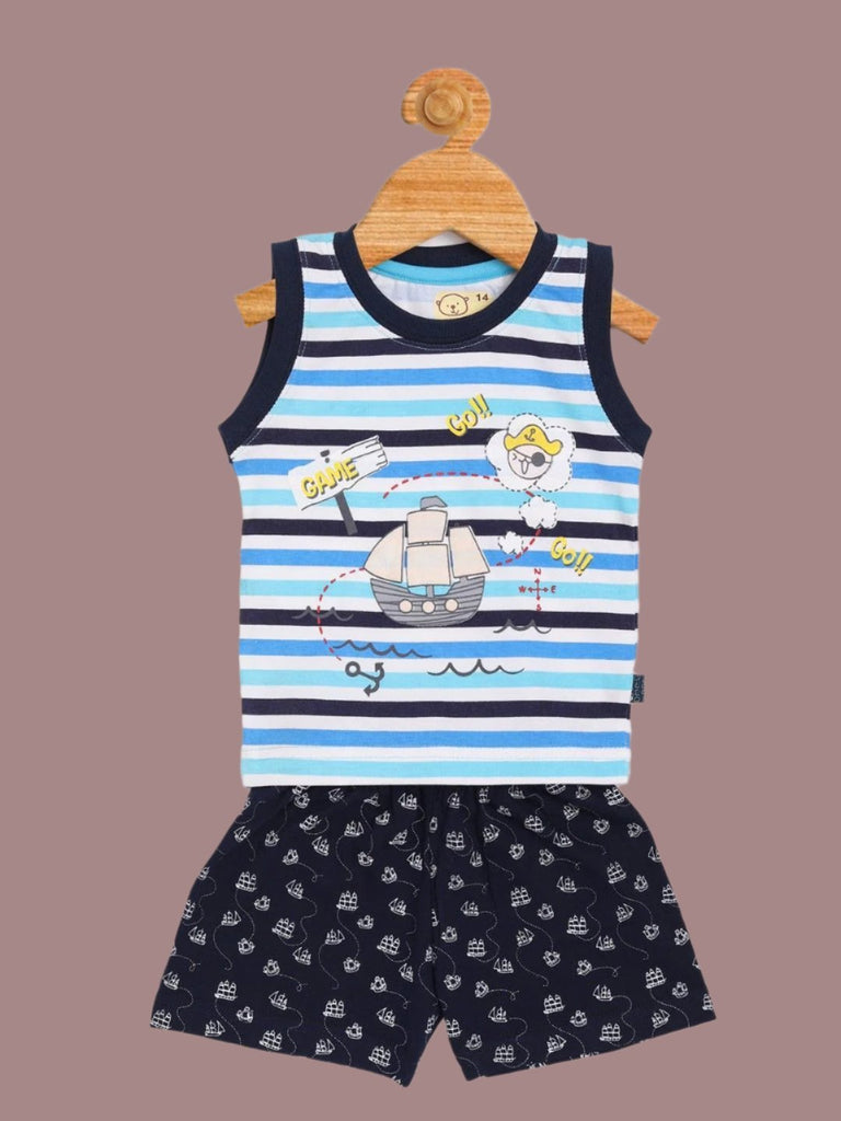 Full view of Olio Kids Baby Boys' Blue Striped Sailboat Tank Top and Printed Shorts Set – Nautical Adventure