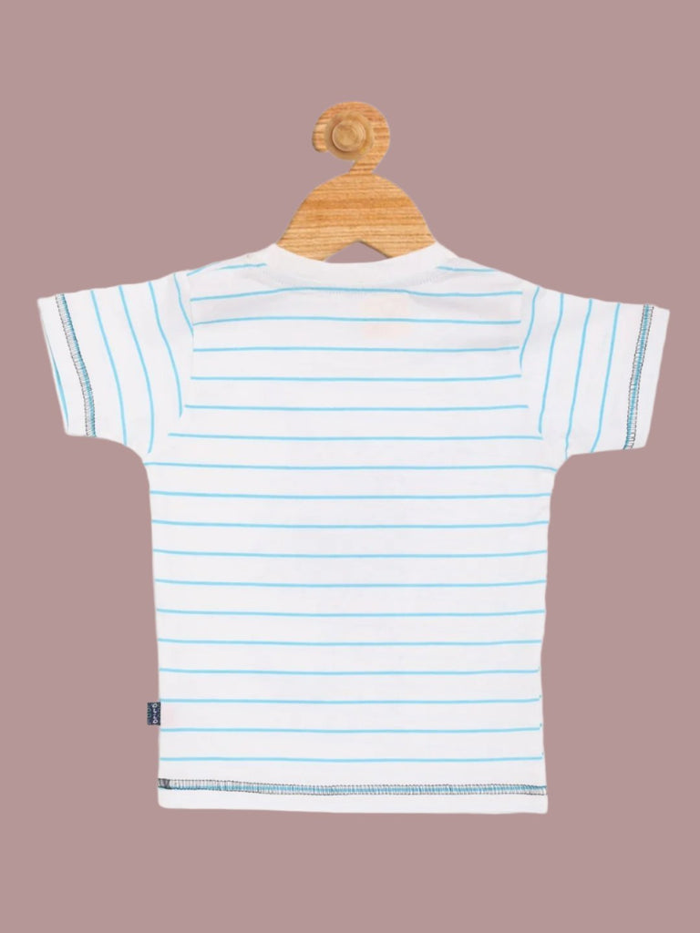 Back view of blue striped t-shirt from Olio Kids Baby Boys' Playful Dog Print Set.