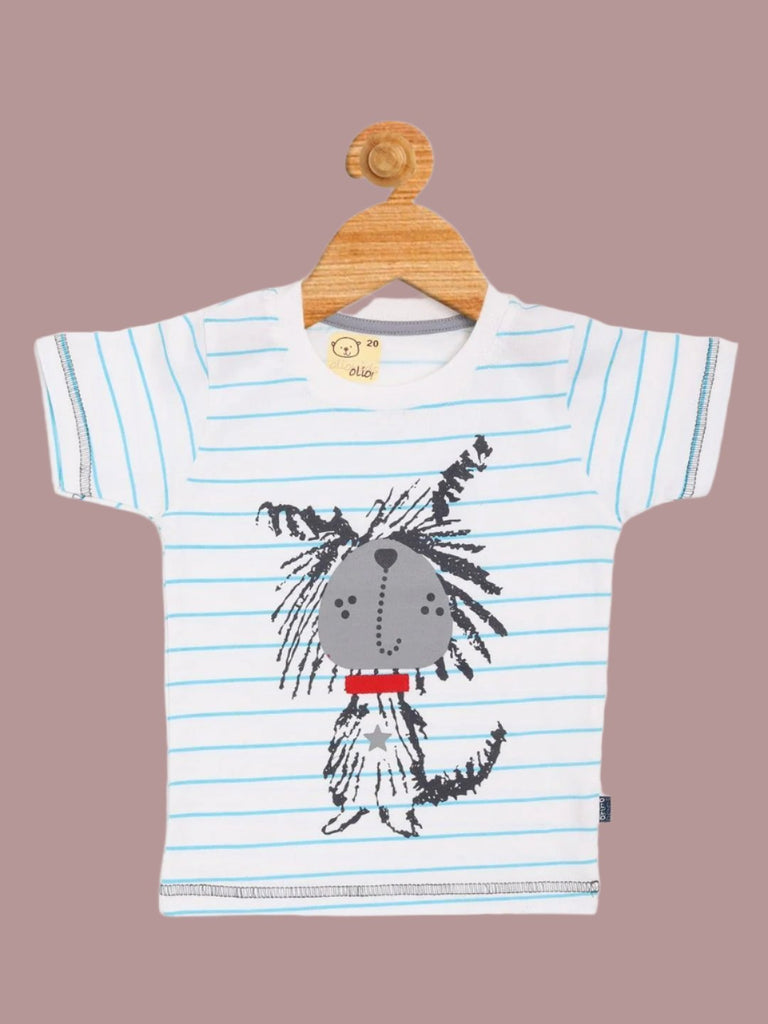 Front view of blue striped t-shirt with playful dog print for baby boys.