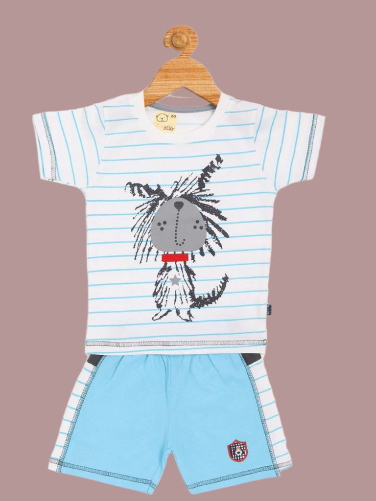 Full view of Olio Kids Baby Boys' Blue Striped T-Shirt and Shorts Set with playful dog print.