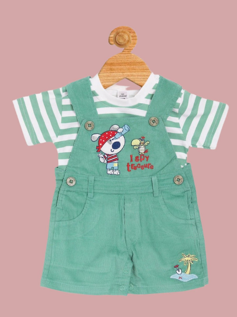 Full view of Olio Kids Baby Boys' Green Pirate-Themed Dungaree and Striped T-Shirt Set.