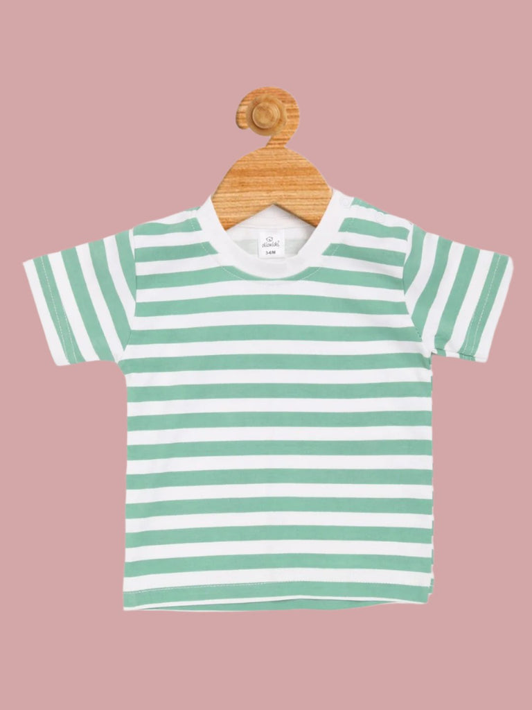 Green-and-white striped t-shirt from Olio Kids Baby Boys' Pirate-Themed Dungaree Set.