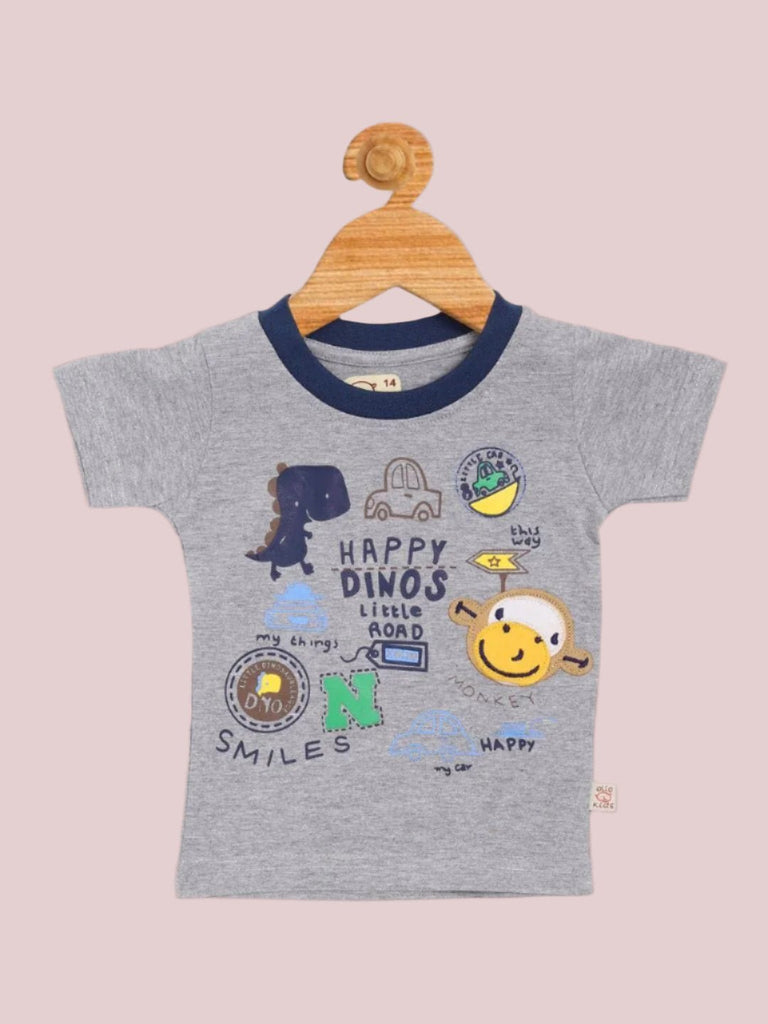 Front view of Olio Kids Baby Boys' Grey Dino Graphic T-Shirt.