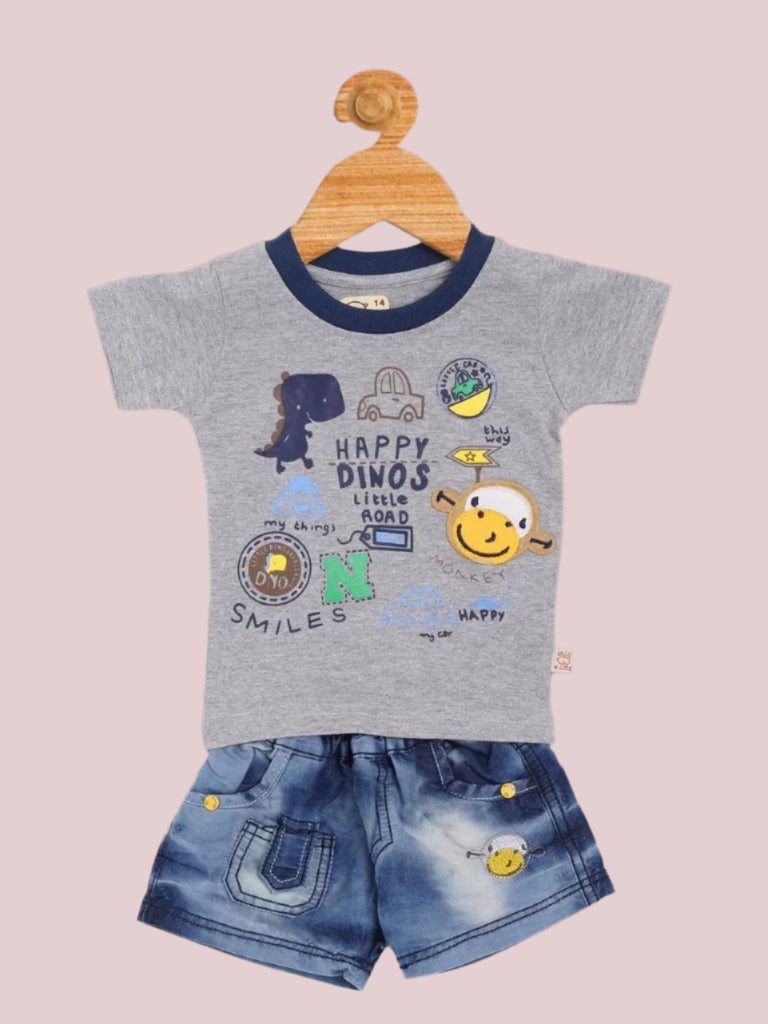 Full view of Olio Kids Baby Boys' Grey Dino Graphic T-Shirt and Denim Shorts Set.