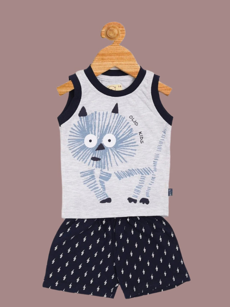 Full view of Olio Kids Baby Boys' Grey Lion Tank Top and Navy Printed Shorts Set – Wild Adventure Outfit