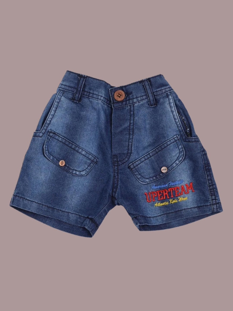 View of Olio Kids Baby Boys' Navy Denim Shorts, part of the Sporty Summer Outfit.