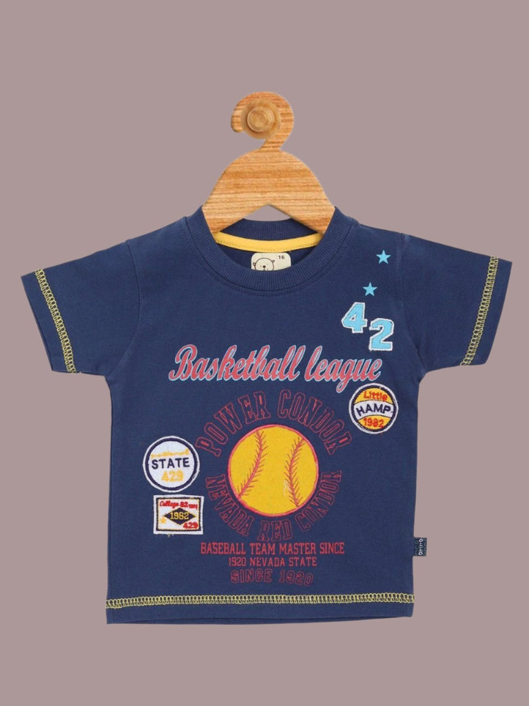 Front view of Olio Kids Baby Boys' Navy Basketball League T-Shirt with sporty basketball graphics.