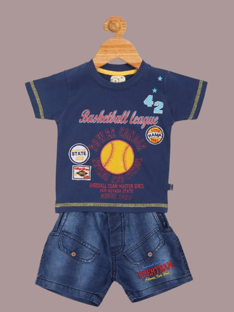 Full view of Olio Kids Baby Boys' Navy Basketball League T-Shirt and Denim Shorts Set.