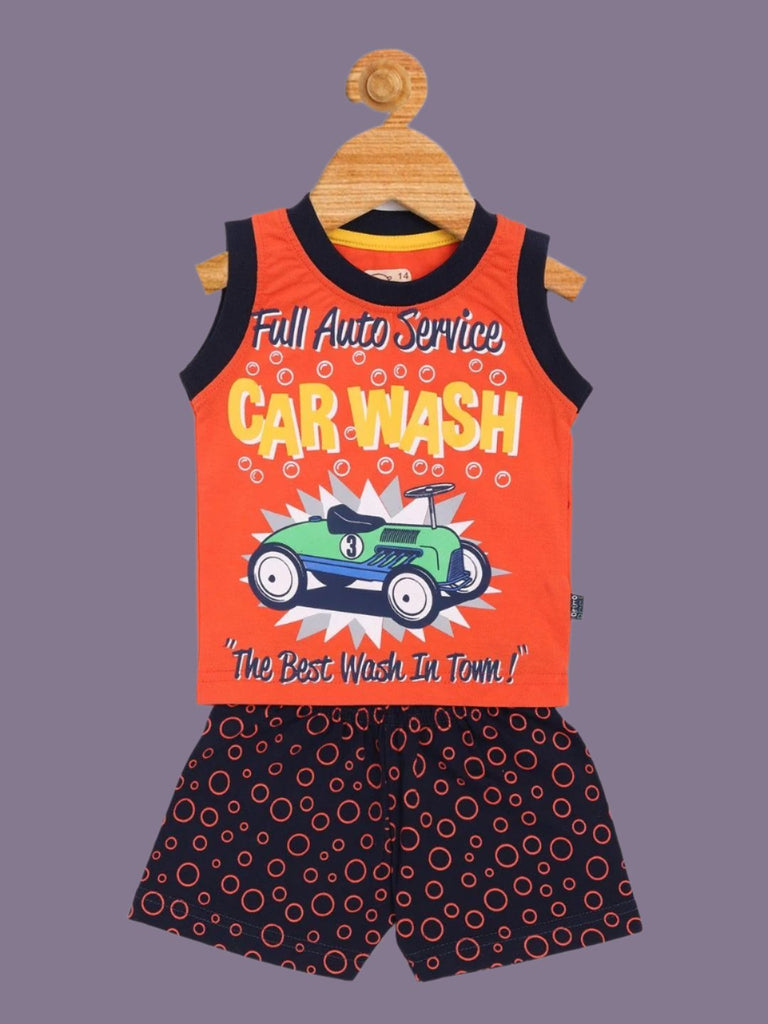 Baby Boys' Orange Car Wash Tank Top and Navy Printed Shorts Set – Full View of Outfit