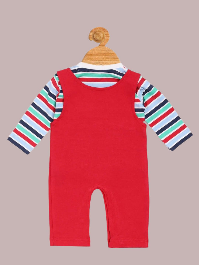 Back view of Olio Kids Baby Boys' Red Teddy Scooter Rider Romper with Striped Long-Sleeve T-Shirt