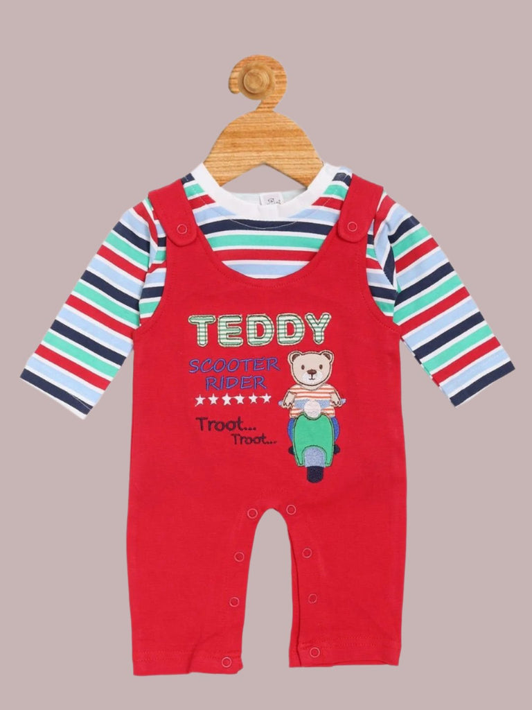 Olio Kids Baby Boys' Red Teddy Scooter Rider Romper with Striped Long-Sleeve T-Shirt – Full View