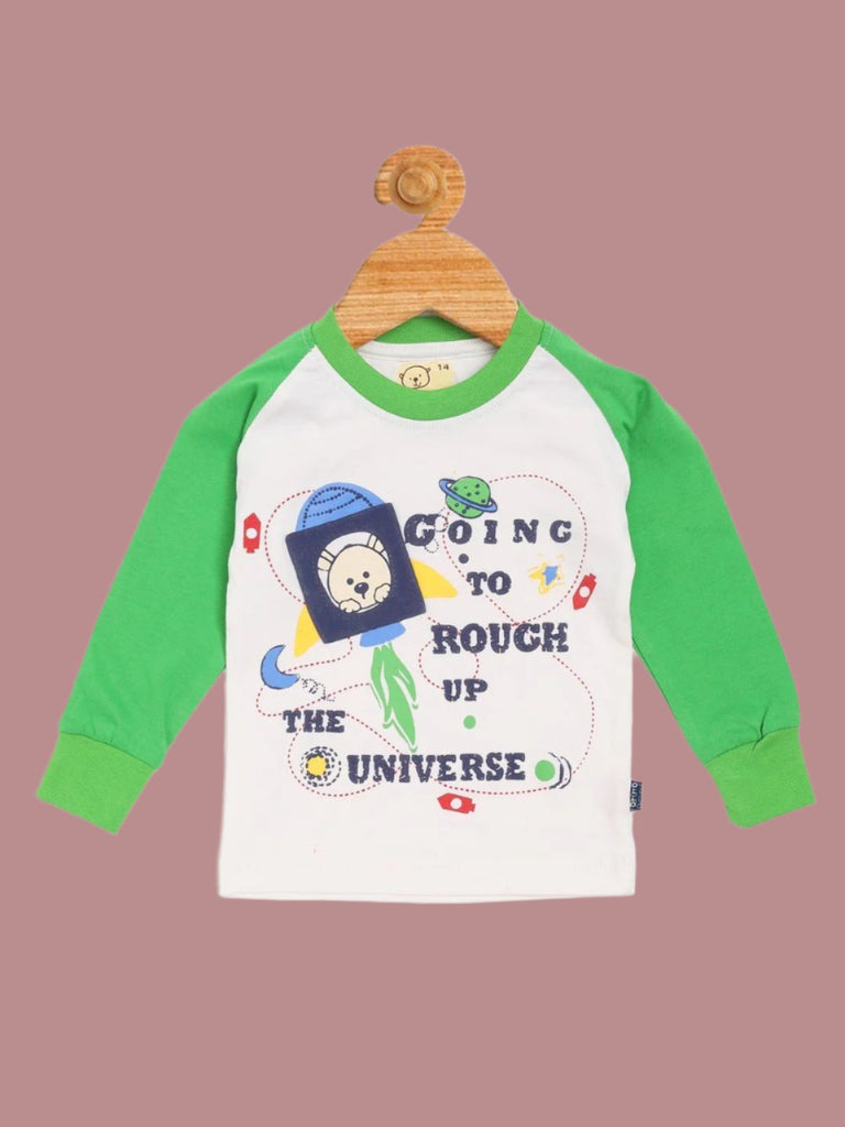 baby Boys' Green Sleeves Space-Themed shirt Front View with Rocket Print