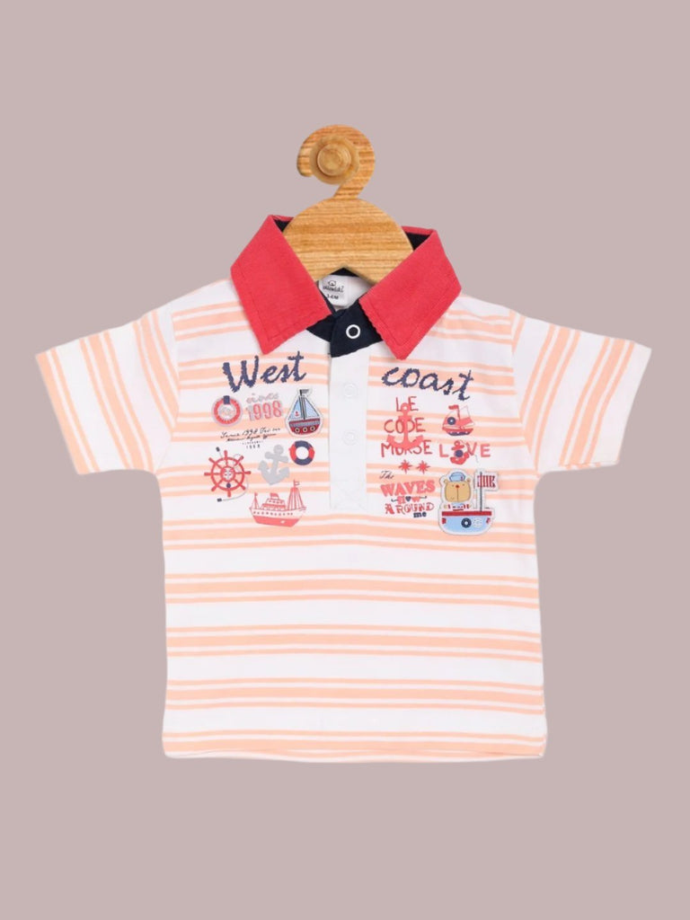 Front view of Baby Boys' Striped 'West Coast' Polo Shirt featuring nautical graphics