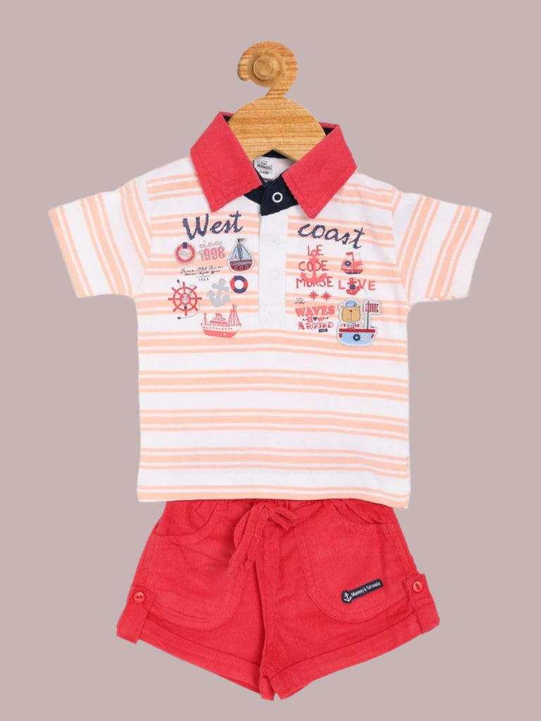 Full view of Olio Kids Baby Boys' Striped 'West Coast' Polo Shirt and Red Shorts Set – Nautical Summer Outfit