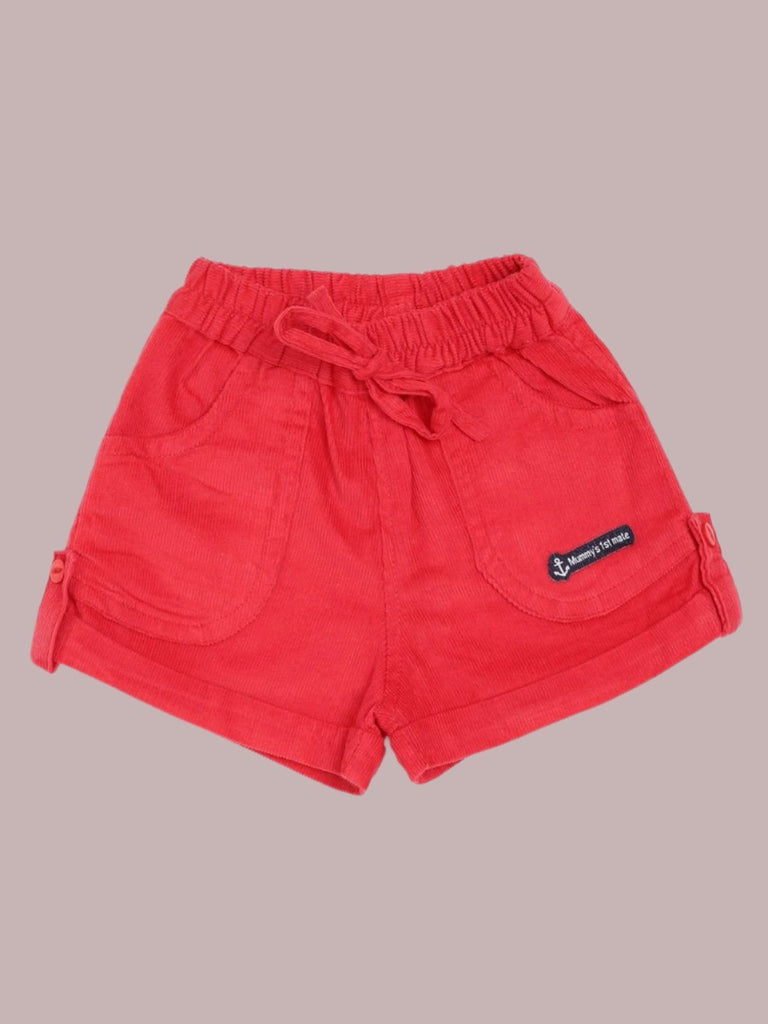 Close-up view of red shorts from the Olio Kids Baby Boys' Striped 'West Coast' Polo Shirt and Red Shorts Set
