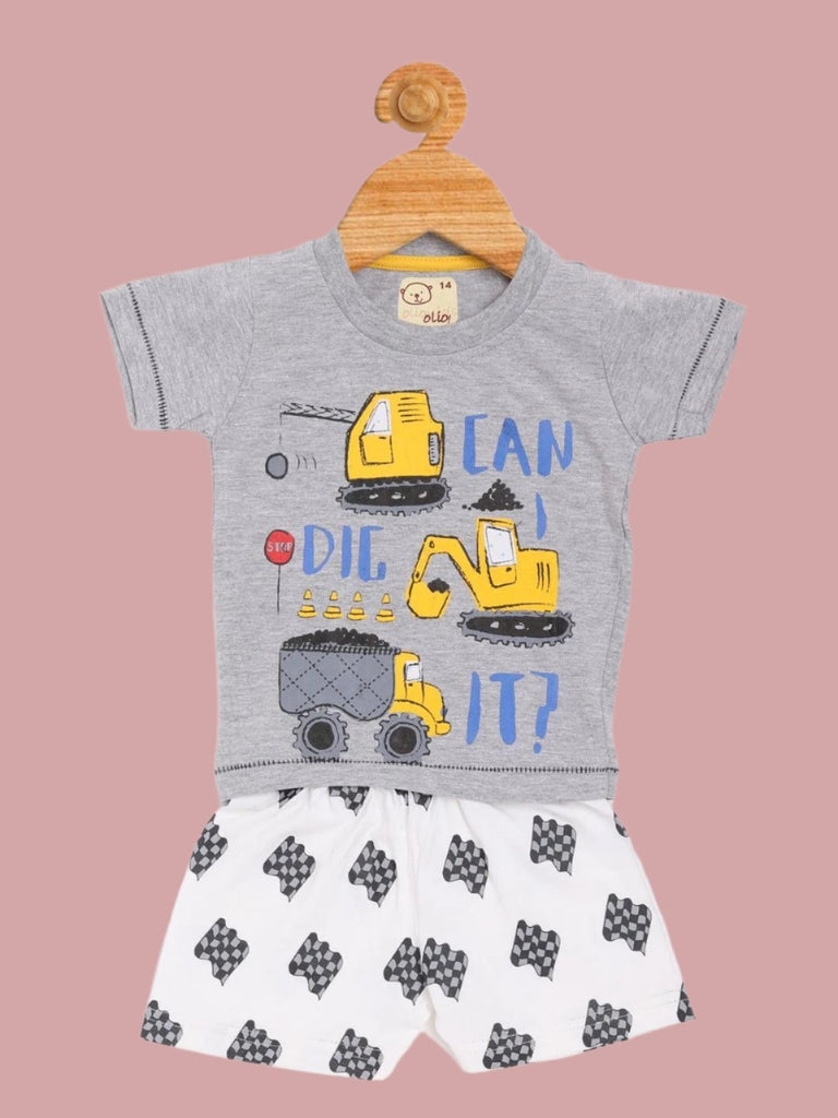 Olio Kids Baby Boys' Grey 'Can I Dig It?' Construction T-Shirt and Checkered Shorts Set