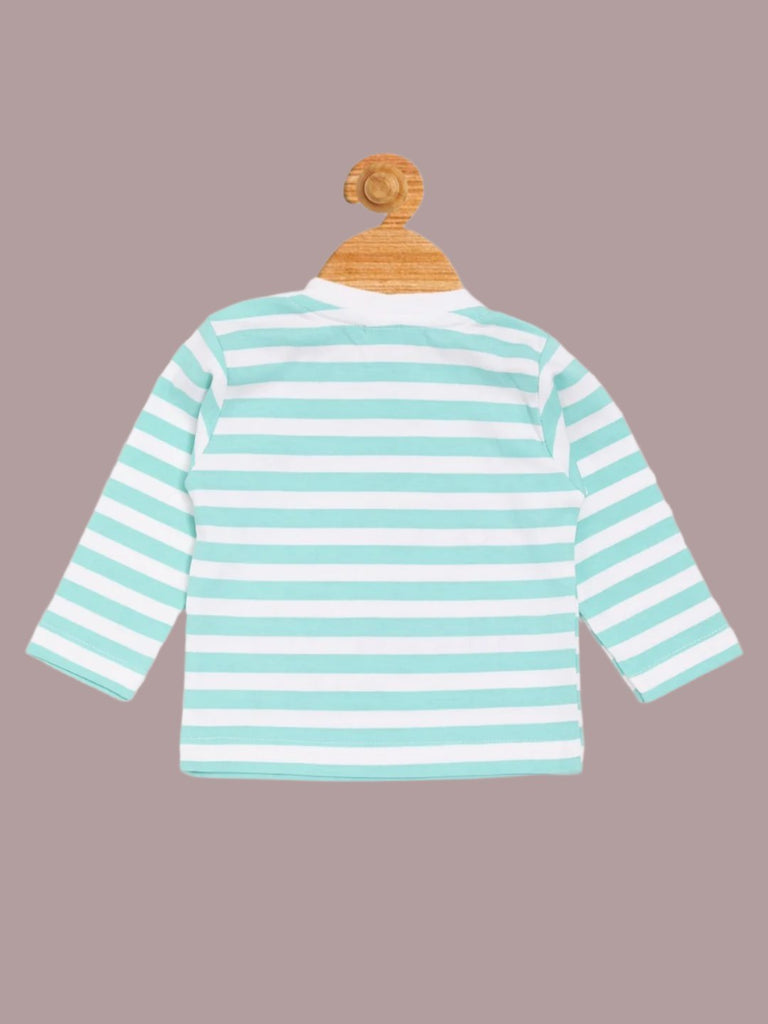 back view of Olio Kids Boy’s Aqua ‘Little Racer’ Striped Long Sleeve T-Shirt and Pants Set.