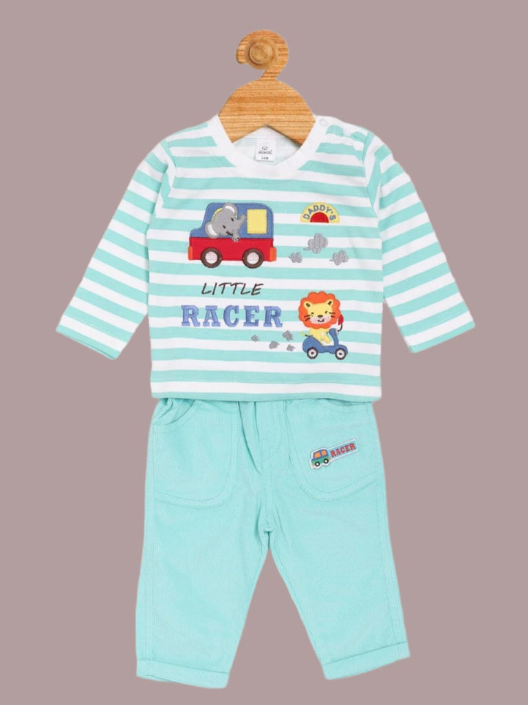 Full view of Olio Kids Boy’s Aqua ‘Little Racer’ Striped Long Sleeve T-Shirt and Pants Set.