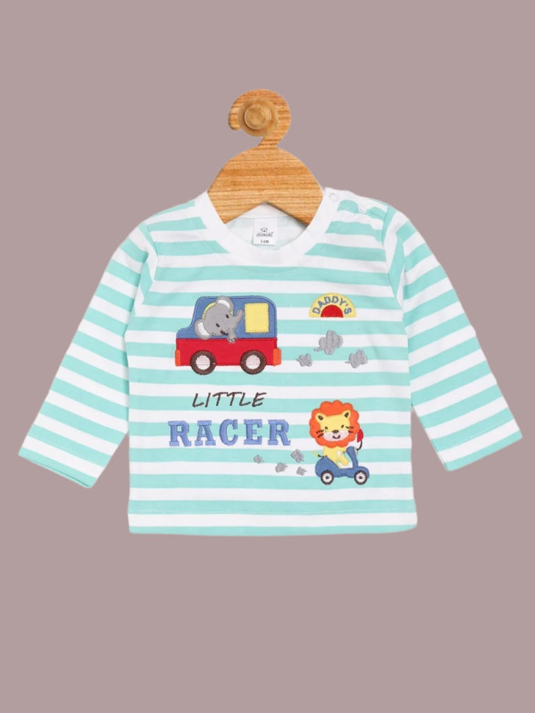 Front view of Olio Kids Boy’s Aqua ‘Little Racer’ Striped Long Sleeve T-Shirt and Pants Set.