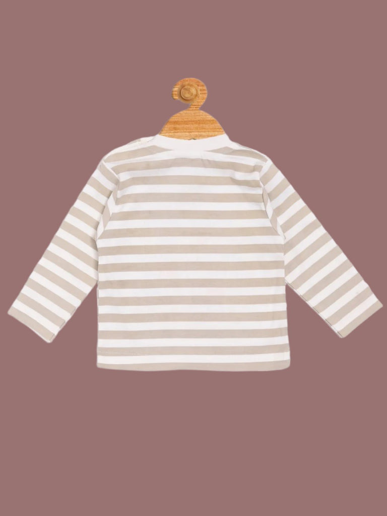  Back view of the beige striped long sleeve t-shirt from the Boy’s Beige ‘Around the World in 80 Days’ T-Shirt and Pants Set.