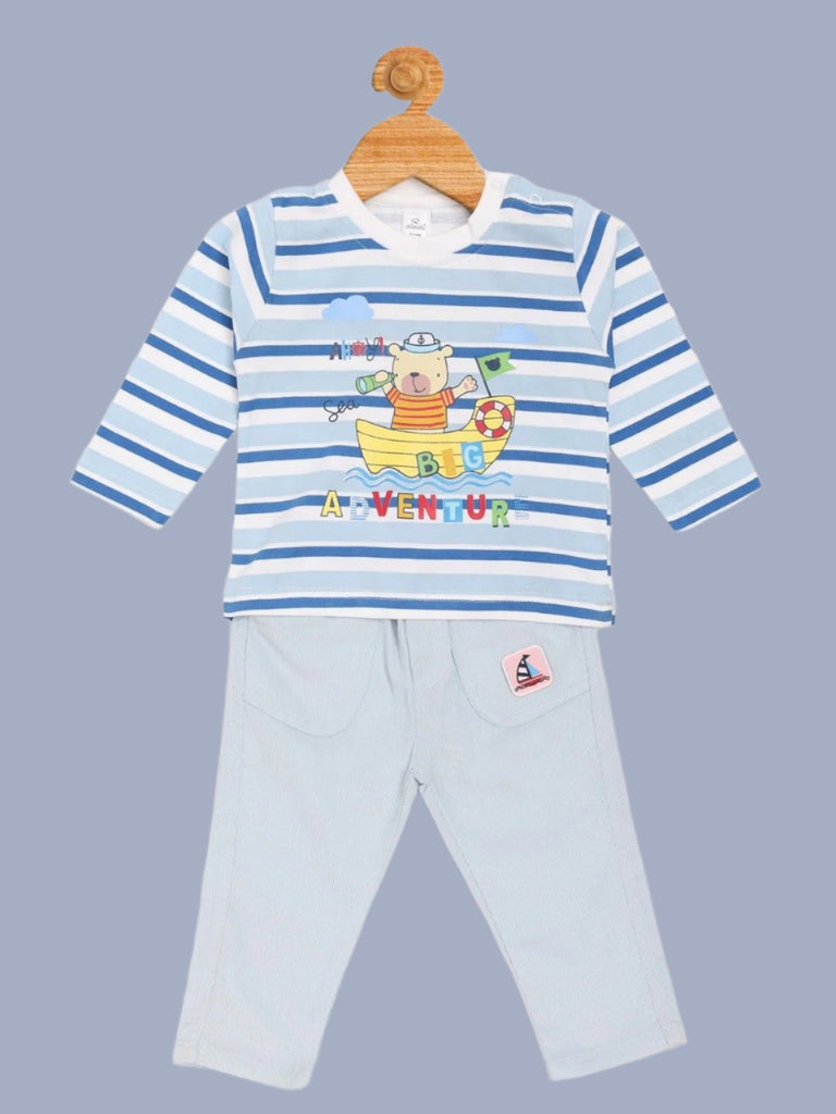 Olio Kids Boy’s Blue ‘Big Adventure’ Striped T-Shirt and Pants Set Full View