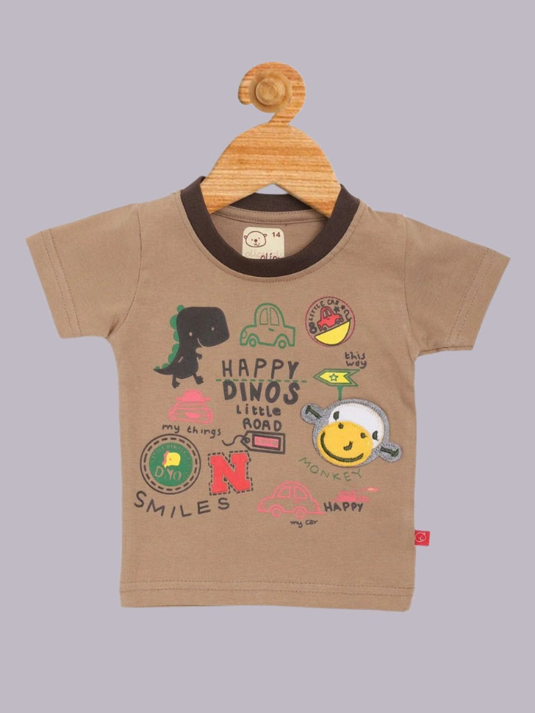 Olio Kids Boy’s Brown ‘Happy Dino’s Road’ T-Shirt Front View