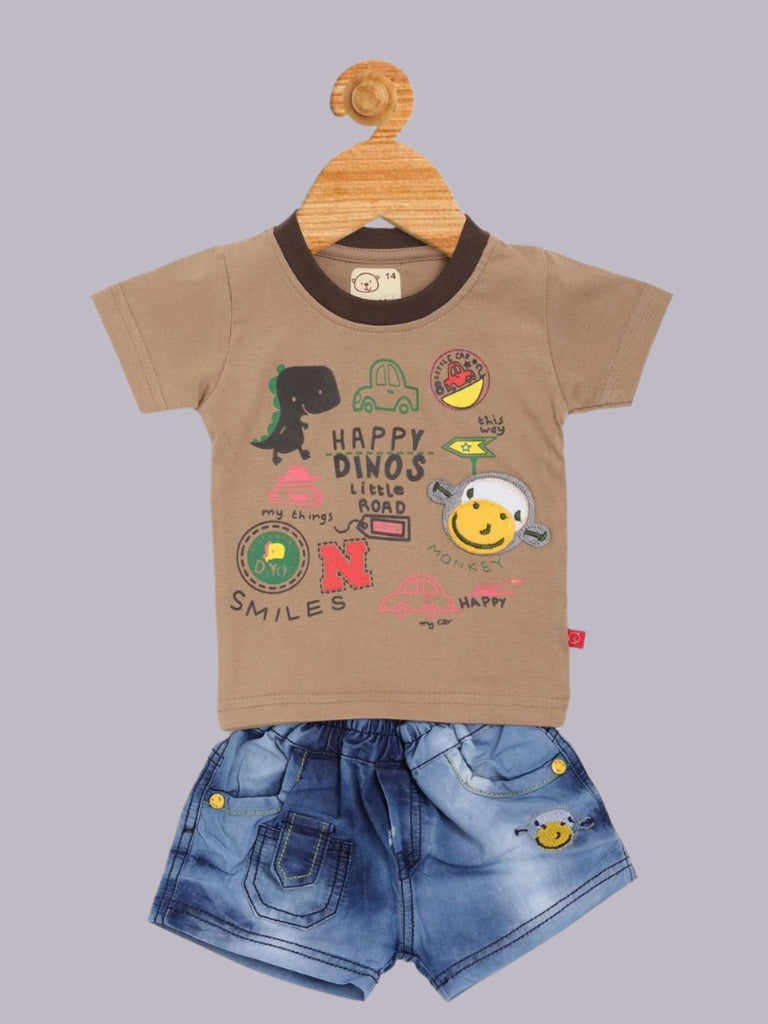 Olio Kids Boy’s Brown ‘Happy Dino’s Road’ T-Shirt and Denim Shorts Set Full View