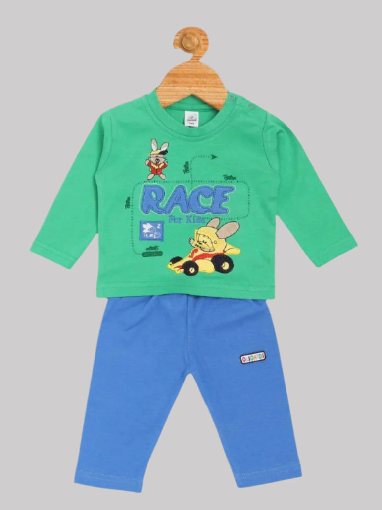 Olio Kids Boy’s Green ‘Race for Kids’ Long Sleeve T-Shirt and Blue Pants Set