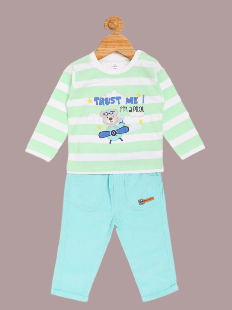  Olio Kids Boy’s Green ‘Trust Me, I’m a Pilot’ Striped Long Sleeve T-Shirt and Aqua Pants Set - Front View