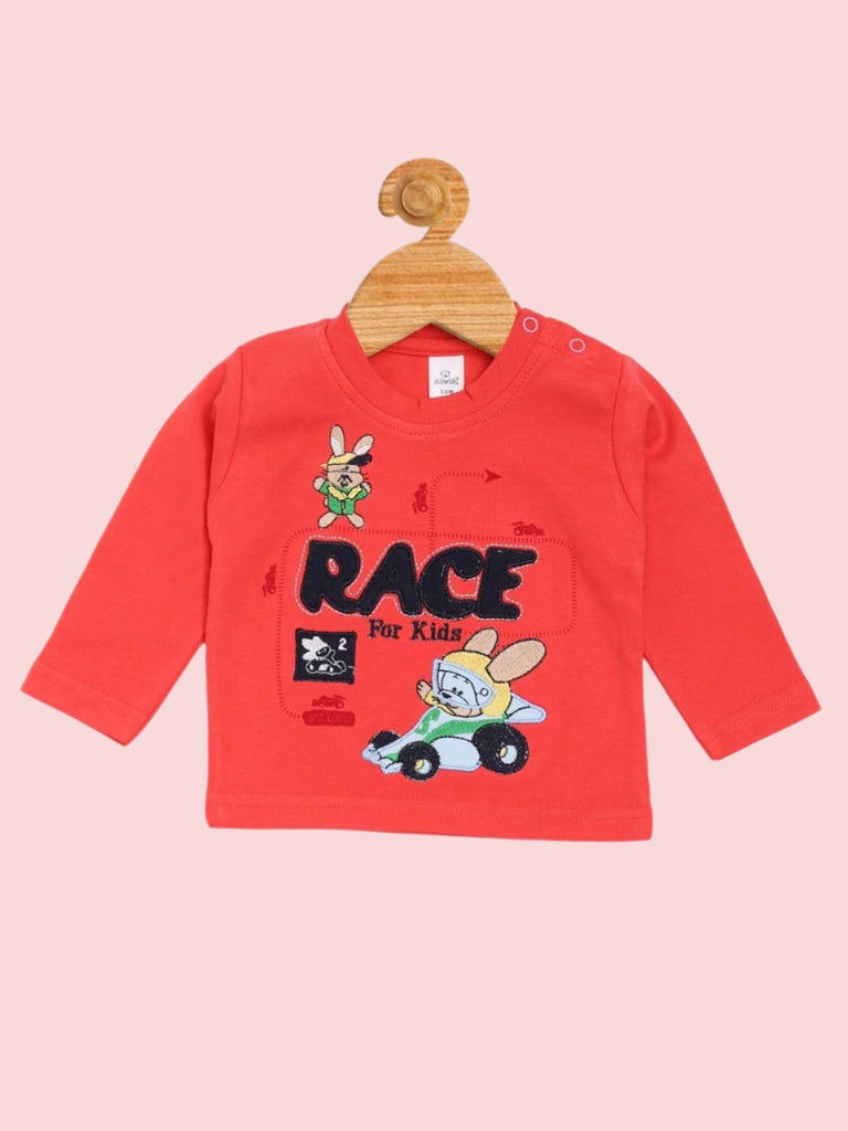  Front view of the Red Long Sleeve T-Shirt with 'Race for Kids' print from the Boy’s T-Shirt and Navy Pants Set.