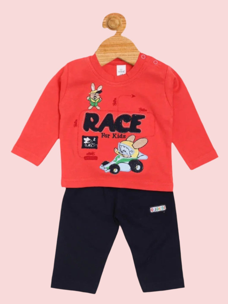  Full view of Boy’s Red ‘Race for Kids’ Long Sleeve T-Shirt paired with Navy Pants by Olio Kids.