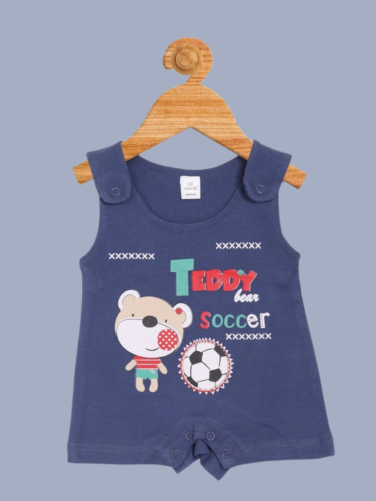 Olio Kids Boy’s Navy Blue ‘Teddy Bear Soccer’ Romper Front View"